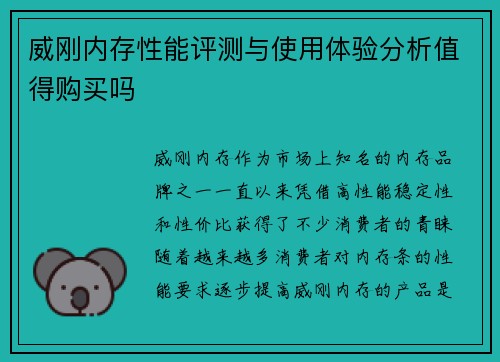 威刚内存性能评测与使用体验分析值得购买吗